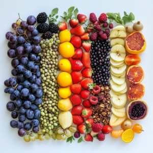 A colorful arrangement of fresh fruits, nuts, and seeds set out for making healthy vegan snacks