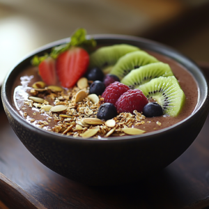 A delicious vegan smoothie bowl loaded with superfoods such as kale, blueberries, and chia seeds, beautifully garnished