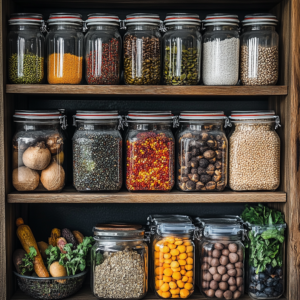 An organized pantry showcasing properly stored vegan superfoods including leafy greens, nuts, and spices