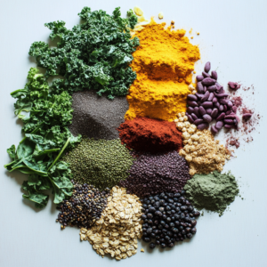A vibrant display of vegan superfoods including kale, blueberries, chia seeds, and quinoa arranged artfully