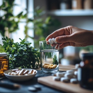 A person taking vegan supplements with a glass of water in a bright kitchen setting, representing daily integration