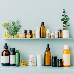 Various vegan supplements including vitamins, minerals, and omega-3 capsules displayed neatly.