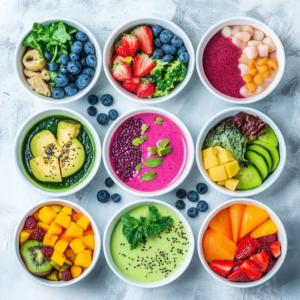 A collage of recipes featuring quinoa salad, green smoothie bowl, and stir-fried tofu dishes