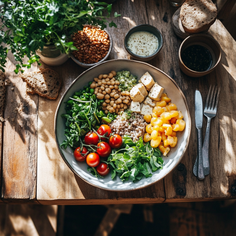 Featured vegan transition image showcasing fresh ingredients, balanced meals, and a sustainable kitchen setup