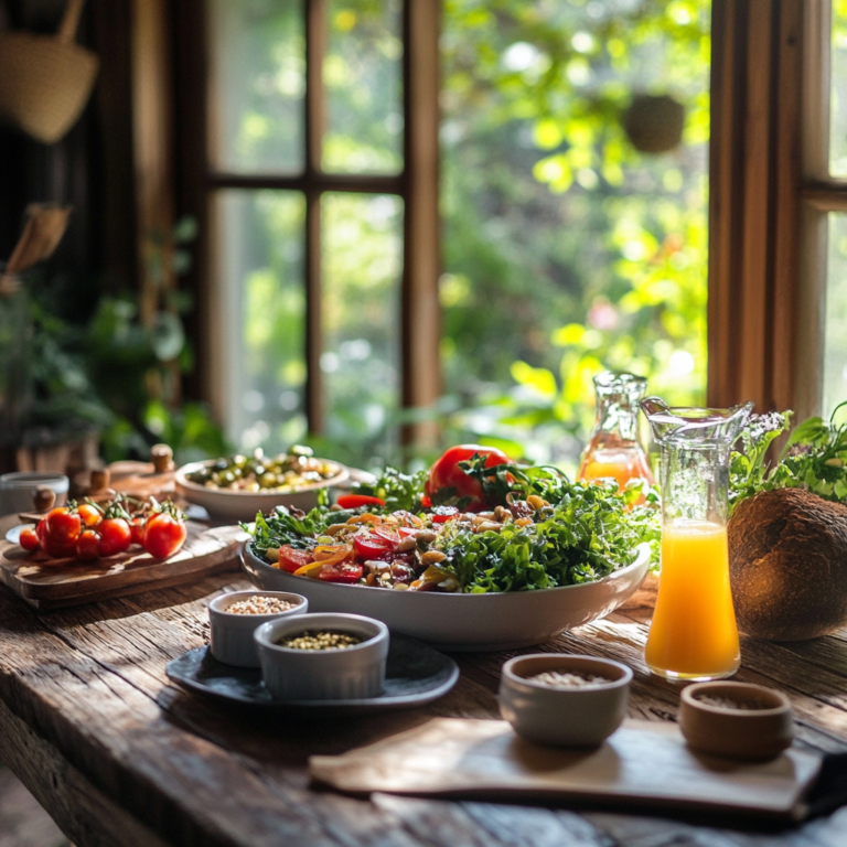 Rustic table with a white bowl of vibrant vegan salad, quinoa, lentils, nuts & seeds, and a glass of fresh orange juice with garden view.