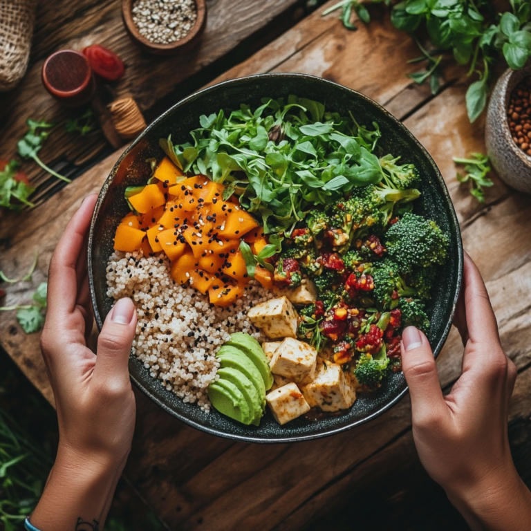 Featured quick vegan meal with grains, colorful vegetables, and marinated tofu, emphasizing a fast and nourishing dinner setup.