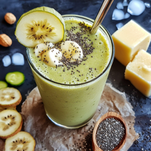 Creamy anti-inflammatory turmeric-ginger smoothie in a tall glass garnished with chia seeds and mango slice.