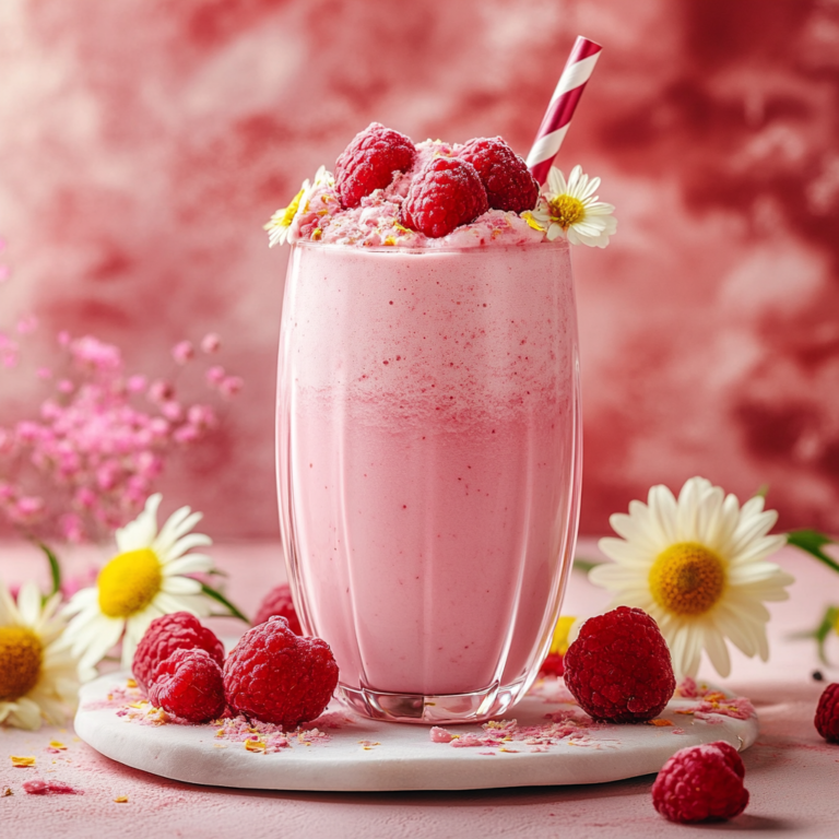 Pink smoothie in a glass with fresh raspberries, edible rose petals, and a metal straw, styled with a linen napkin and white flower.