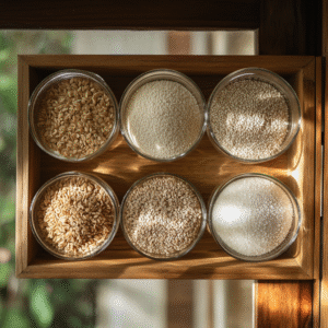 Overhead view of glass and ceramic jars filled with brown rice flour, oat flour, almond flour, and tapioca starch on a light wooden countertop.