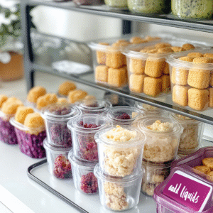 Reusable ice-cube trays of blueberry muffins and glass containers of sliced gluten-free bread with layered dry-mix jars and wooden spoon.