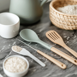 Close-up of a digital scale, fine mesh sieve, silicone whisk, and spatula arranged on a marble surface for gluten-free vegan baking.