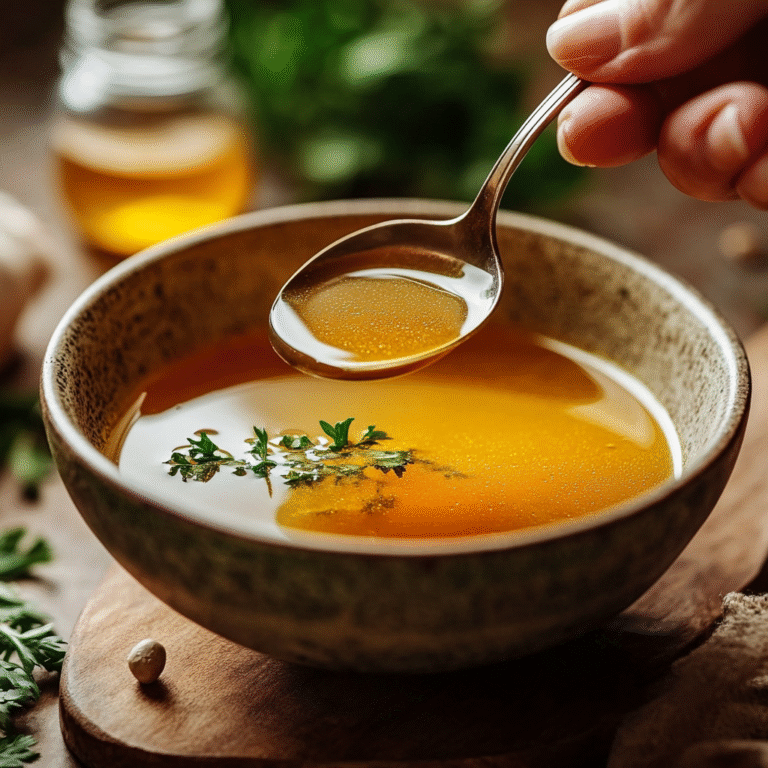 Feature image of a hand holding a tablespoon of nutritional yeast powder over a bowl of vegetable soup, with a blurred B12 supplement bottle in the background.