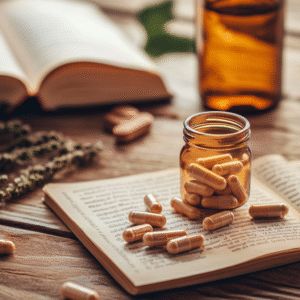 Overhead view of an open B12 supplement bottle with capsules next to an open nutrition book and fortified plant milk on a wooden table.