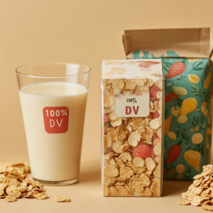 Close-up of fortified soy milk, nutritional yeast flakes, and a box of fortified cereal labeled 100% DV vitamin B12.