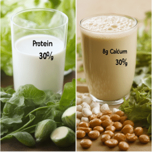 Side-by-side comparison of two Nutrition Facts panels: almond milk vs. soy milk showing differences in protein and calcium content.