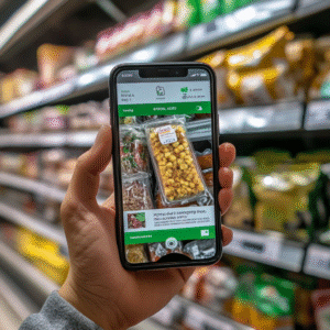 Hand holding a smartphone scanning a vegan protein bar barcode, displaying nutritional score and ingredient alerts on screen.