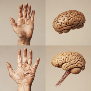 Collage showing brittle nails, pale hand, leg rubbing for RLS, and brain fog illustration.