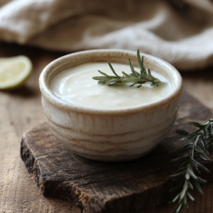 Creamy vegan cashew sauce in a rustic white bowl on wooden board with spoon and fresh basil.