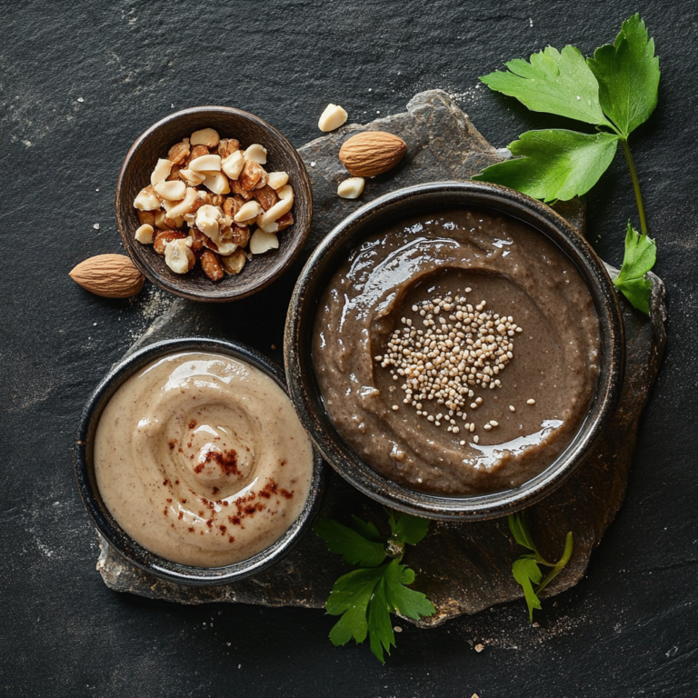 Two bowls of vegan sauces—cashew cream and tahini—on dark stone surface with utensils and linen napkin.