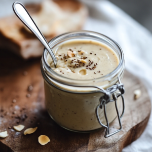Glass jar of creamy tahini dressing on marble surface with salad and mint garnish.
