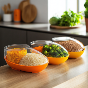 Glass meal prep containers with brown rice, turmeric-roasted broccoli and cauliflower, and chickpeas.