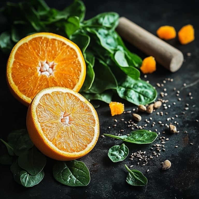 Feature bowl of raw spinach, orange slices, pumpkin seeds, and chickpeas drizzled with molasses.