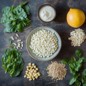Overhead view of a white plate with cooked lentils, sautéed spinach, chickpeas, pumpkin seeds, and molasses.