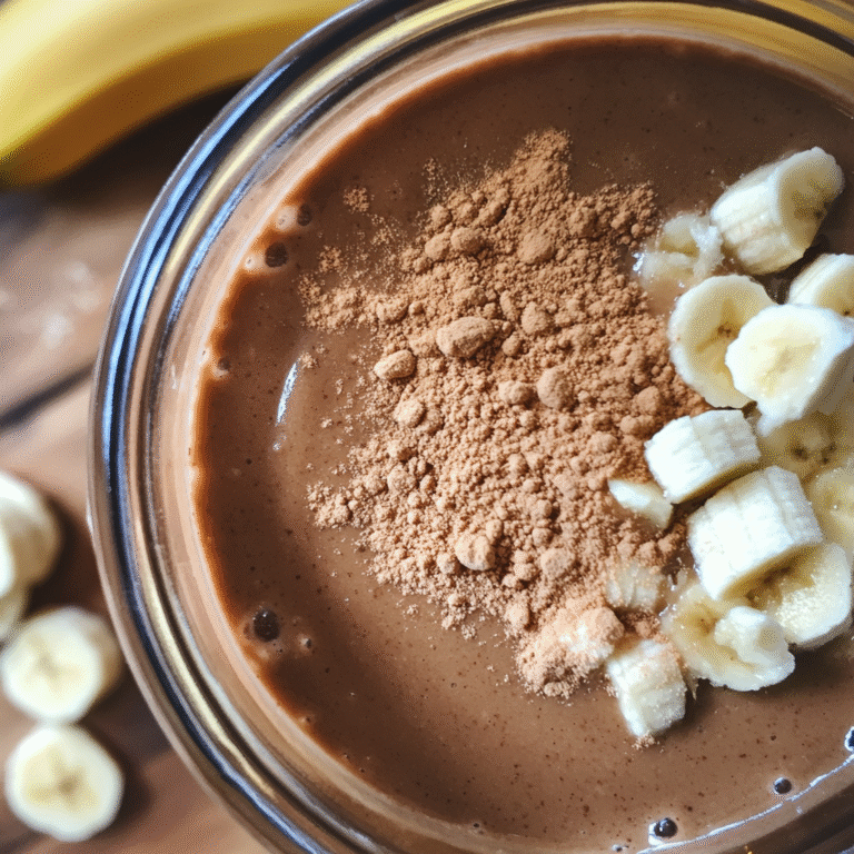 Close-up of chocolate banana smoothie in a glass, cocoa powder rim, banana slices on the side, with a jar of oats and a scoop of protein powder in the background.
