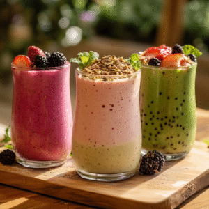 Three morning smoothies in glass cups—pink strawberry-beet with dried rose petals, purple blueberry with chia seeds, and green kale with pistachio crumble—arranged on a wooden surface with fresh fruit slices.