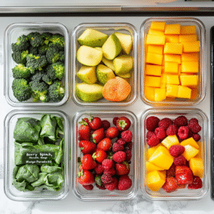 Flat lay of five labeled silicone freezer bags packed with pre-portioned smoothie ingredients, glass jars of protein powder, chia seeds, oats, and a 5‑minute kitchen timer.