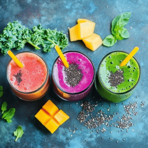 Overhead view of three clear bowls filled with purple berry smoothie, yellow mango smoothie, and green kale smoothie, each with bamboo spoons and corresponding fruit.