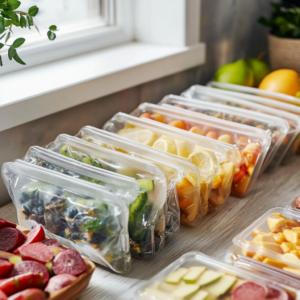 Reusable freezer bags filled with pre-portioned smoothie ingredients and labeled glass jars of dry mixes.