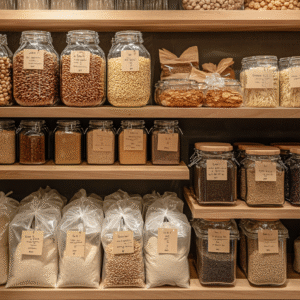 Glass jars neatly filled and labeled with grains, legumes, nuts, and seeds on wooden pantry shelves.
