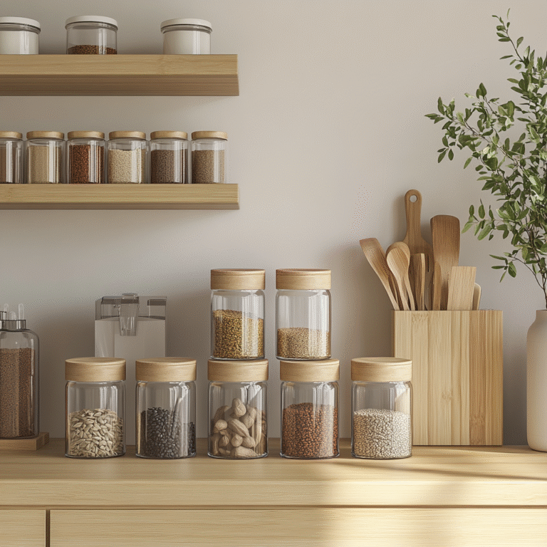 Ultra-realistic kitchen counter with bamboo-lidded glass jars of spices, minimalist white bowls of vegan dishes, and bamboo utensils before a ‘Zero Waste Vegan Kitchen’ chalkboard.