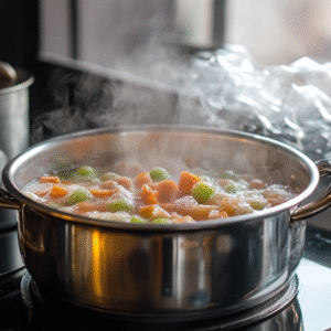A pot of vegetable scraps simmering for homemade broth, with frozen broth cubes in a glass jar nearby.