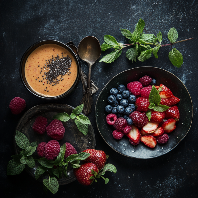 Feature image of anti-inflammatory smoothie bowl and berry salad styled on a dark surface.