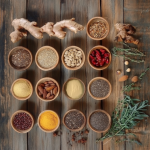 Overhead spread of anti-inflammatory foods including turmeric, ginger, berries, seeds, nuts, and spinach.