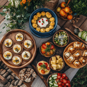 Rustic wooden board featuring mushroom thyme tartlets, cashew dip with veggie crudités, and smoked paprika roasted chickpeas.