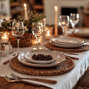 Elegant dinner table set with matte ceramic plates, brushed steel cutlery, wine glasses, candlelight, and autumnal foliage centerpiece.