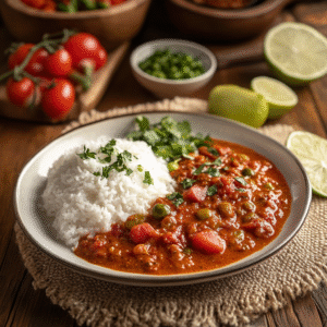 Overhead view of walnut lentil loaf slices glazed with tomato-maple and a bowl of red curry chickpea stew garnished with cilantro and lemon.