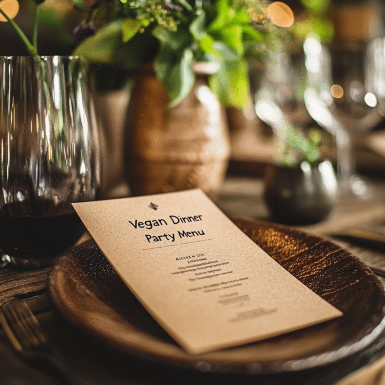 Close-up of a ‘Vegan Dinner Party Menu’ printed on recycled paper, surrounded by small spice jars and a ceramic inkwell.