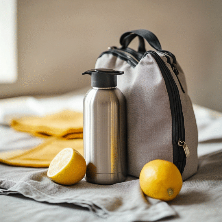 Alternate view of a gym bag featuring a stainless steel thermos of ginger-lemon tea, two apples, and a rolled microfiber towel beside a yoga mat.