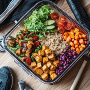 Open gym bag on a workout floor revealing glass meal prep jars filled with quinoa salad, grilled tofu cubes, and roasted vegetables alongside sneakers and wireless earbuds