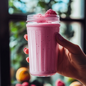 Hand holding a light pink vegan protein shake shaker with nuts, a protein bar, and infused water bottle on a gym mat in the background.