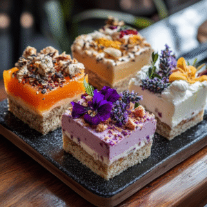 Three seasonal vegan desserts: gingerbread trifle, lemon-lavender tartlet, and berry pavlova, each presented in distinct glass and ceramic dishes.