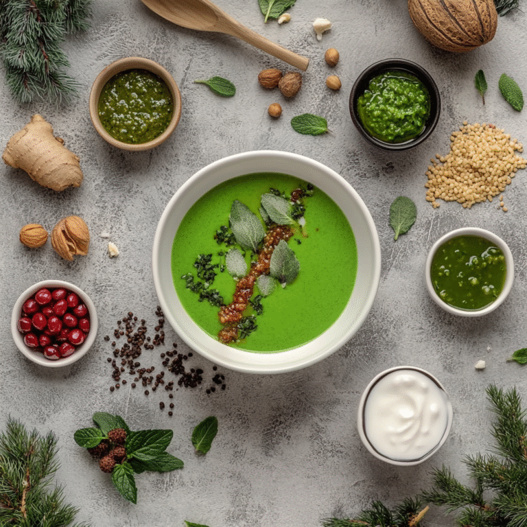 Feature shot of a mint pea soup in a white ramekin, surrounded by black pots of mango chutney, beet relish, and herb sauce on a slate background.