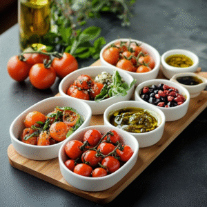 Grilled zucchini, eggplant, and peppers arranged with cherry tomatoes and basil on a white platter, served with olive oil and balsamic reduction.