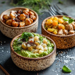 Close-up of three bowls filled with smoky roasted chickpeas, crispy kale chips, and herbed nutritional yeast popcorn on a light marble surface.