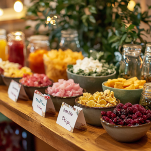Wide shot of a rustic wooden snack station with bowls of sweet and savory vegan snacks, paper cones of popcorn, bottles of kombucha, and iced tea cups, all labeled with small chalkboard signs.
