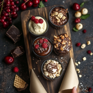 Overhead view of various sweet vegan snacks arranged on a dark wooden board, including berry sorbet cups, date nut truffles, coconut chocolate shards, and peanut butter popcorn balls.